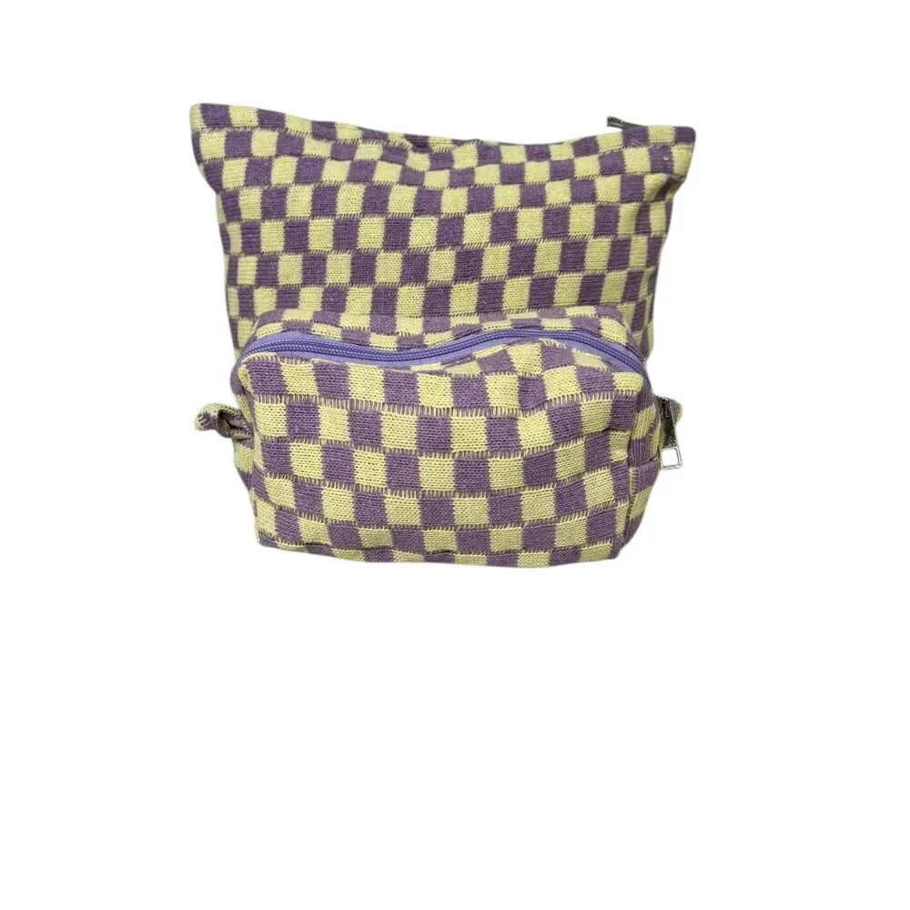 NEW 2Pcs Checkered Cosmetic Bag and Brush Bag - Yellow/Purple